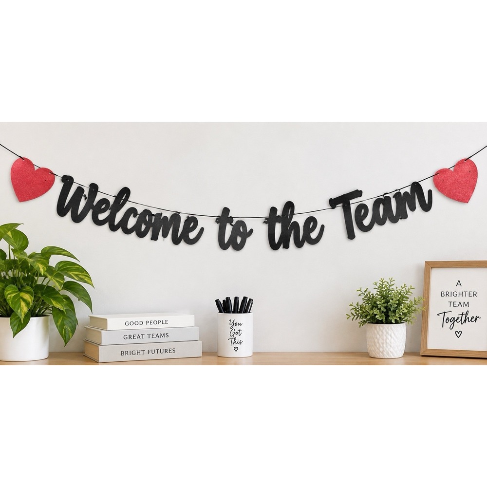 I0257-Welcome to the Team Banner Black Glitter Letters Red Hearts New Employee